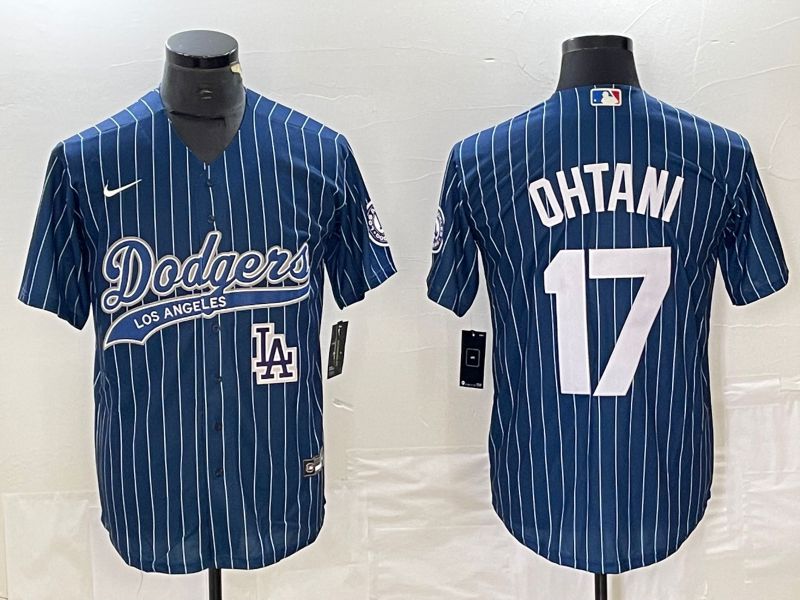 Men Los Angeles Dodgers 17 Ohtani Blue stripe Nike Game MLB Jersey style 3